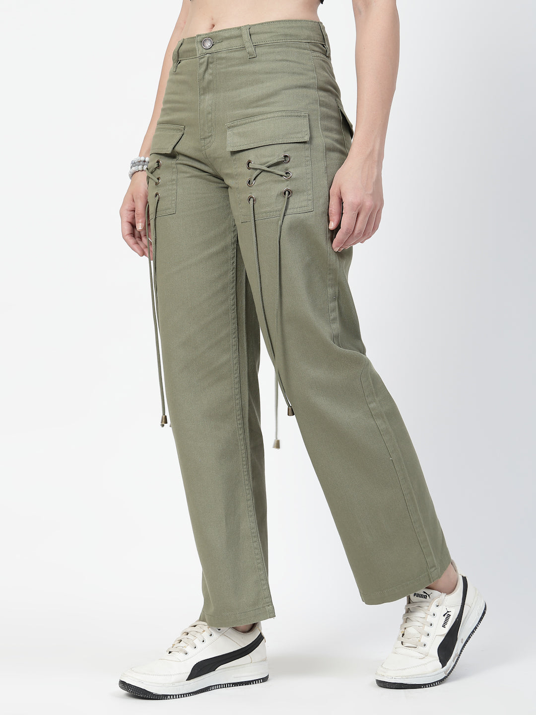 Women Olive Green Straight Fit Jeans