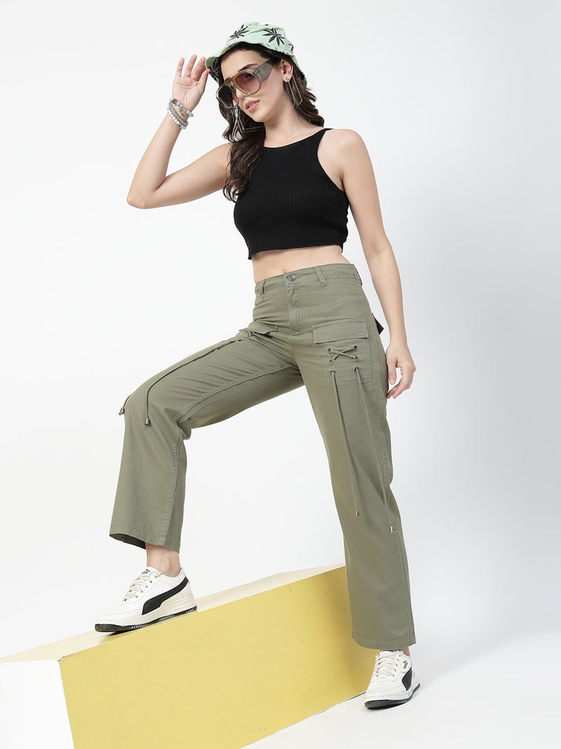 Women Olive Green Straight Fit Jeans