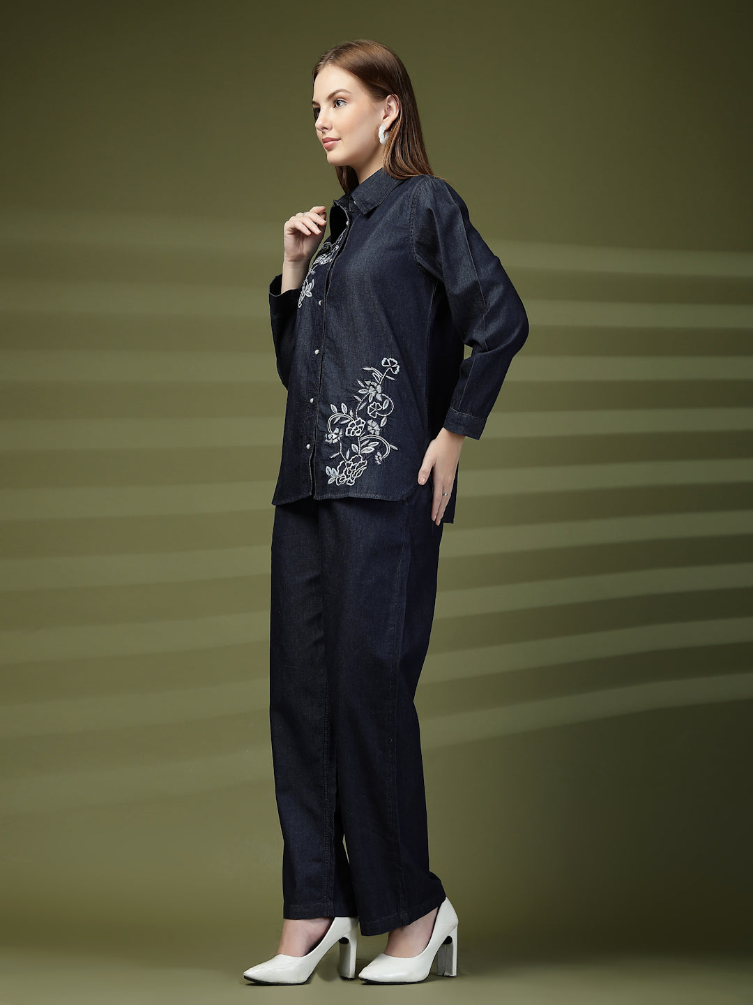 Indigo Embroidered Denim Co-Ord Set