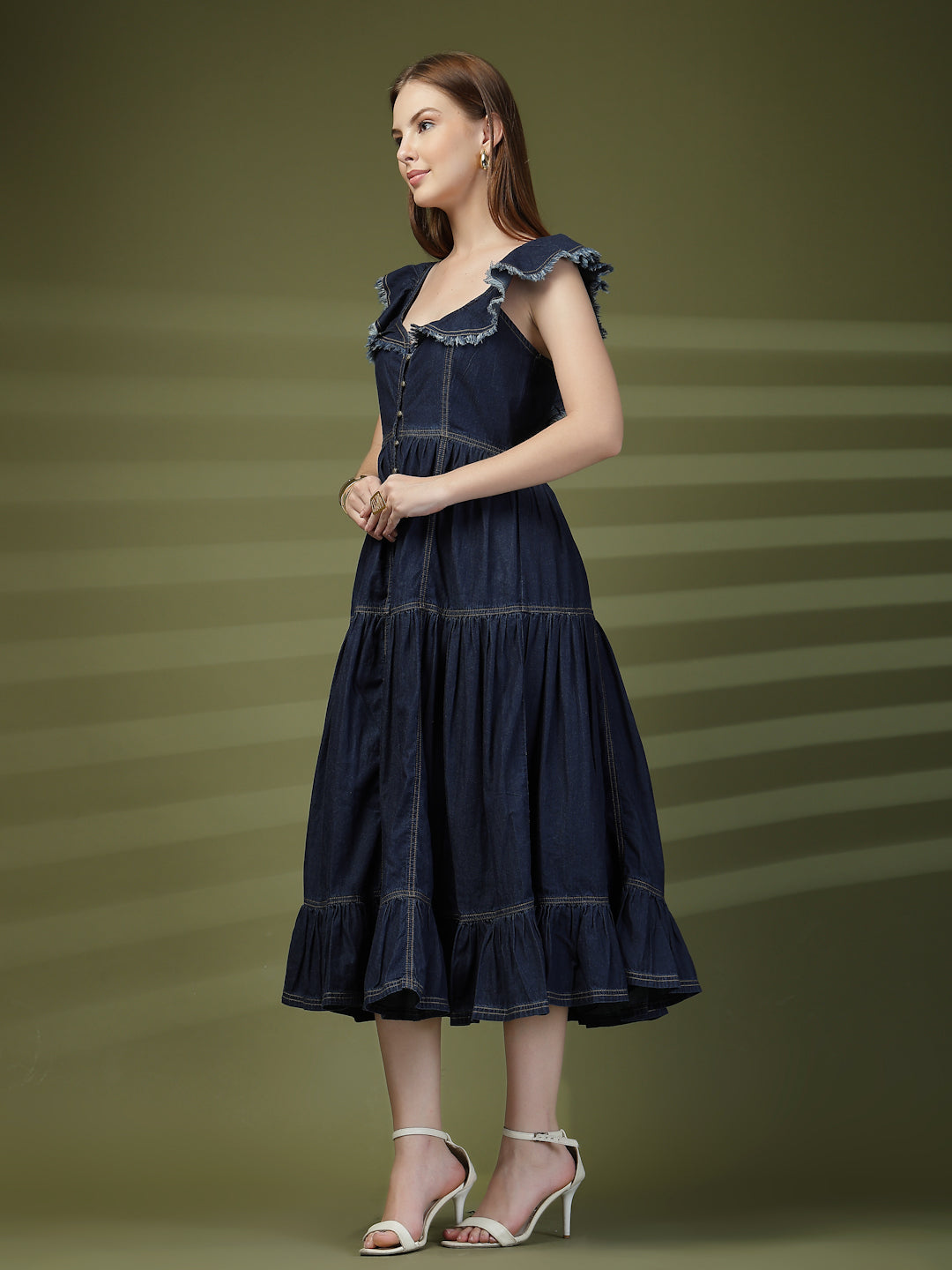 Tiered Denim Casual Midi Dress