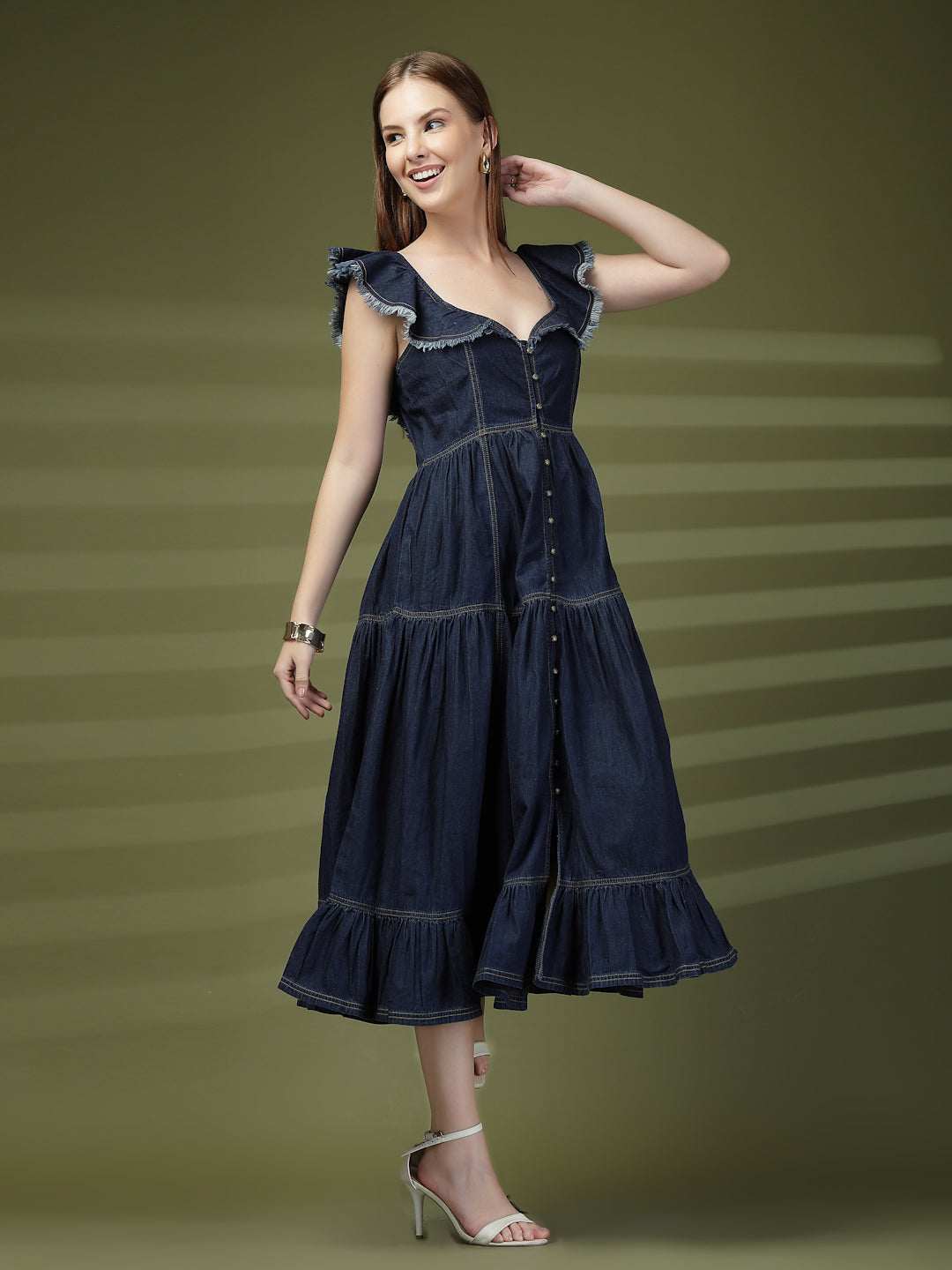 Tiered Denim Casual Midi Dress