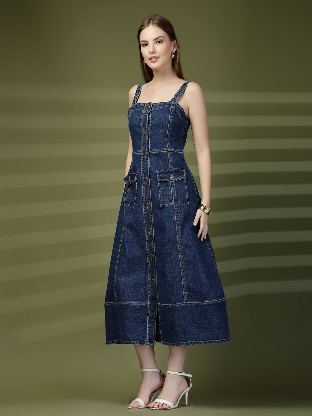 Indigo Shaded Denim A-Line Strap Dress for Women