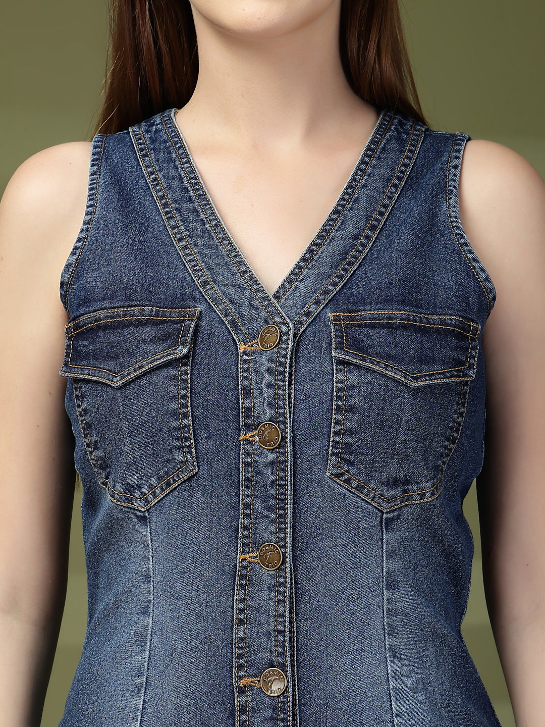 Women Blue Denim Fitted Dress – Sleeveless V-Neck Smart Casual Wear
