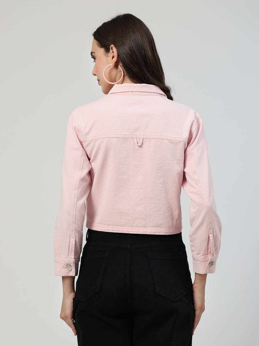Blush Charm Light Pink Denim Jacket with Heatseal Detailing - Cosmic Trio