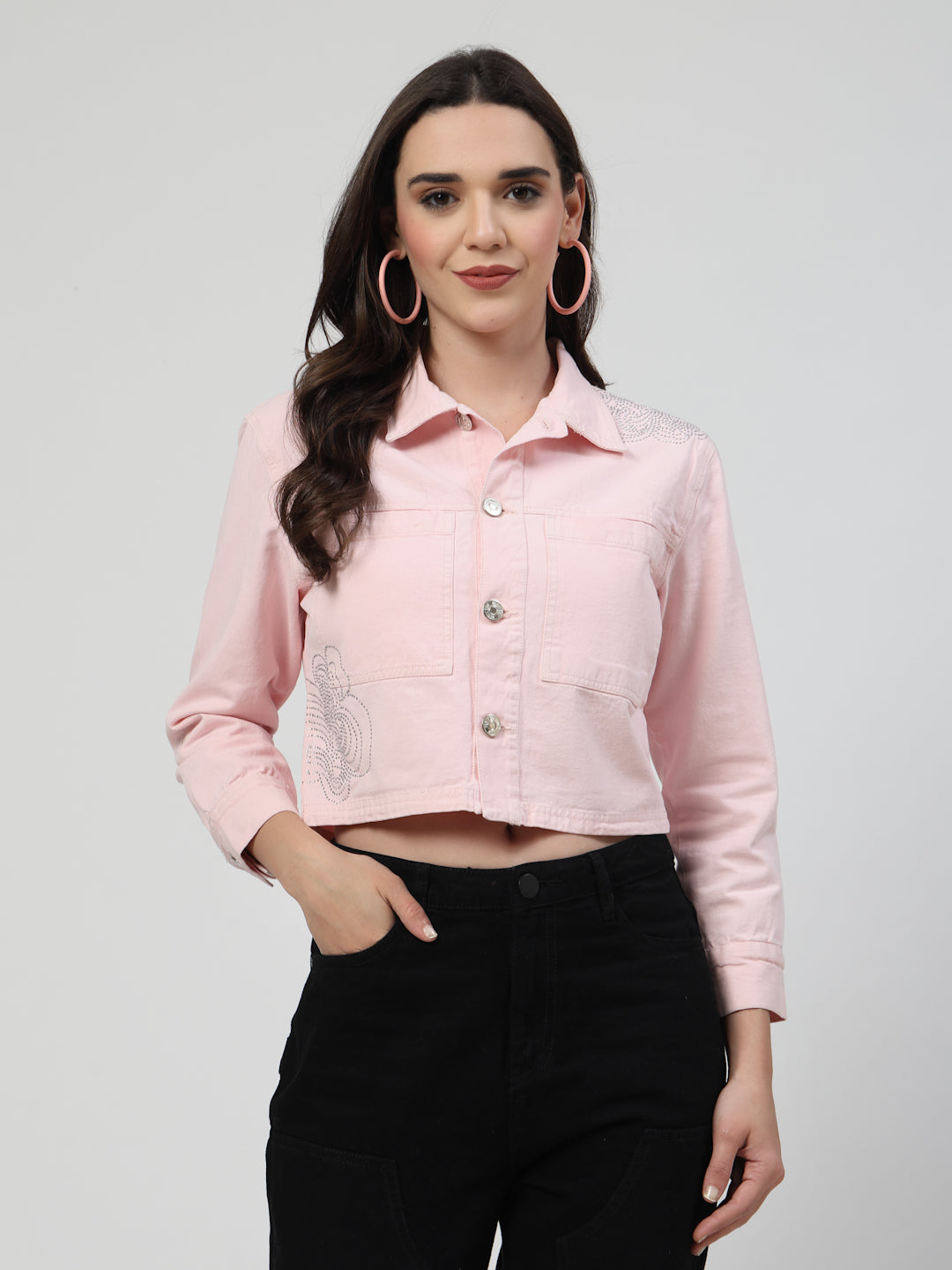 Blush Charm Light Pink Denim Jacket with Heatseal Detailing - Cosmic Trio