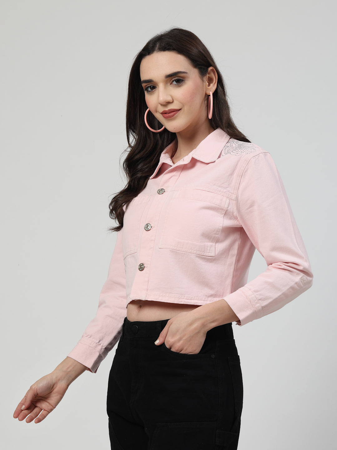 Blush Charm Light Pink Denim Jacket with Heatseal Detailing - Cosmic Trio