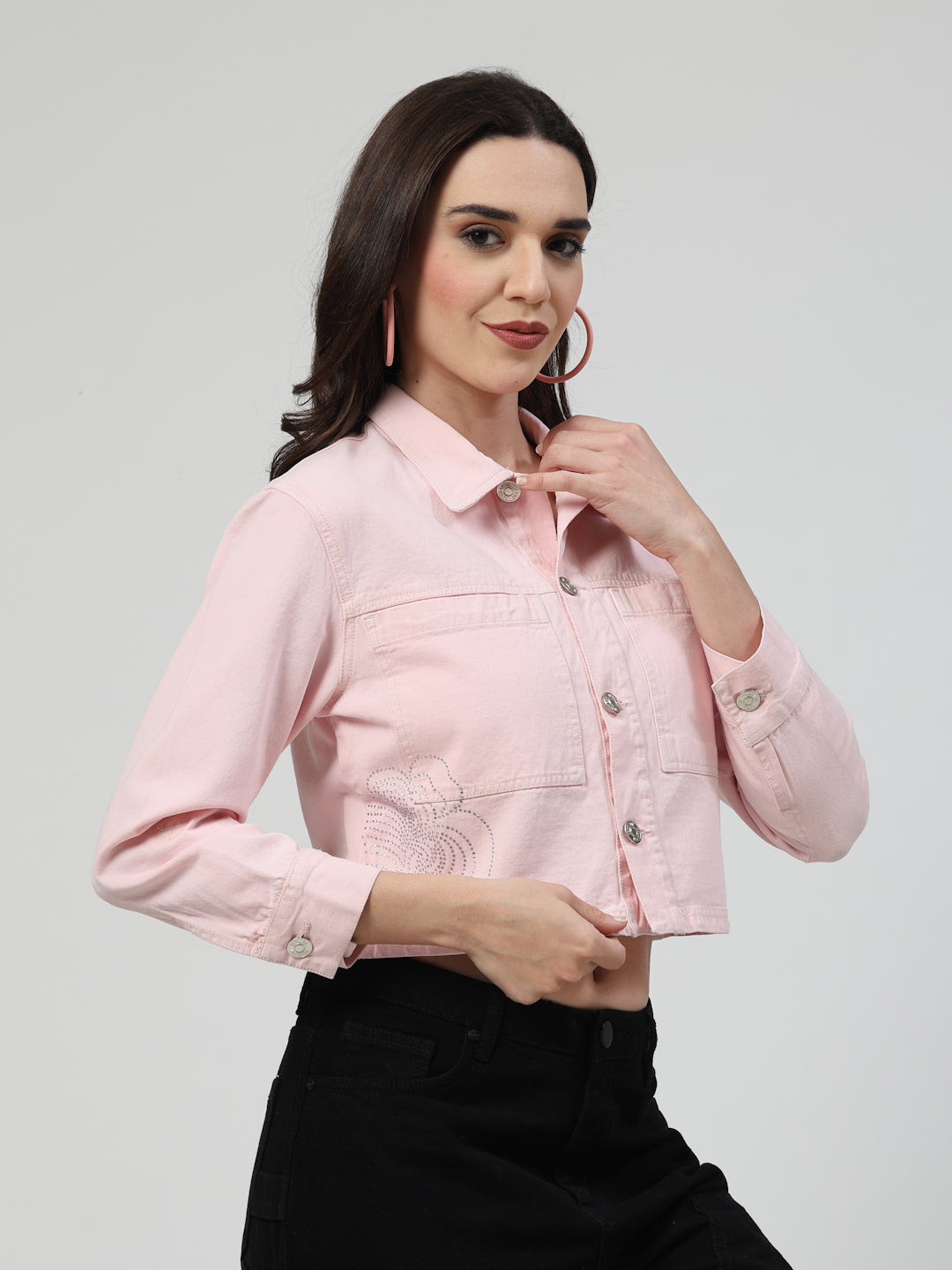 Blush Charm Light Pink Denim Jacket with Heatseal Detailing - Cosmic Trio