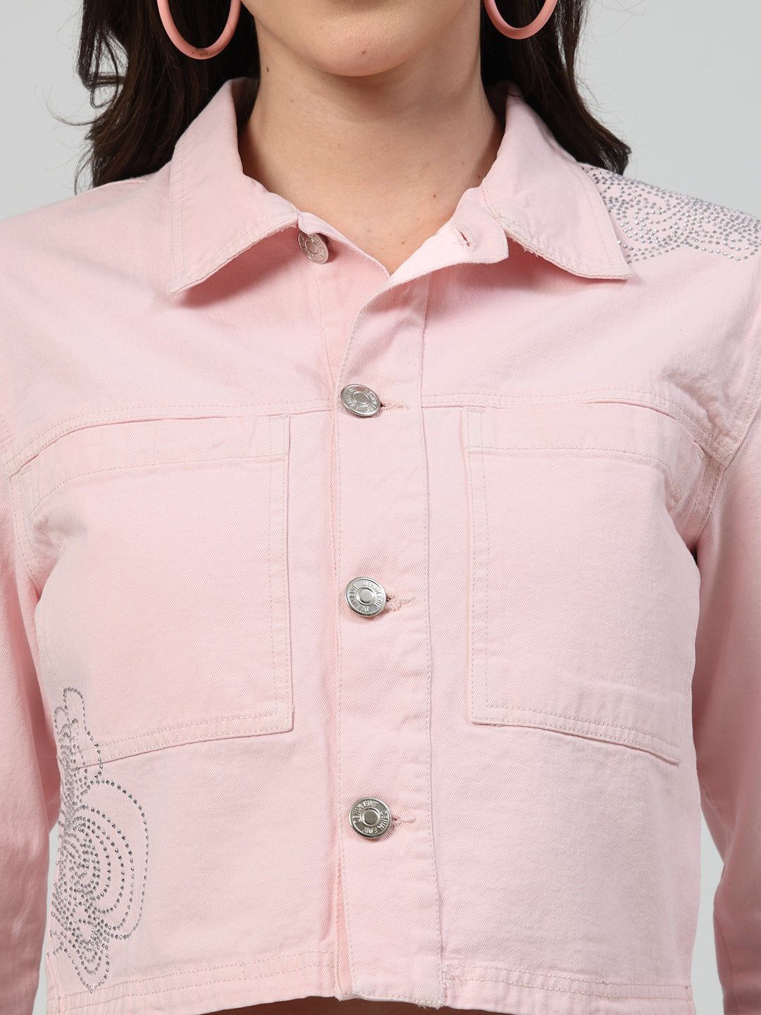 Blush Charm Light Pink Denim Jacket with Heatseal Detailing - Cosmic Trio