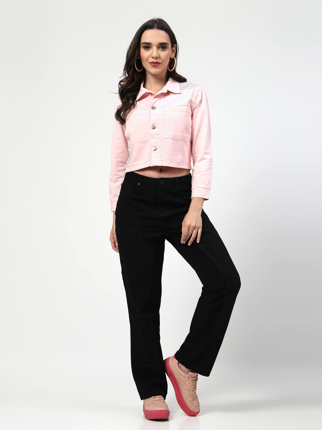 Blush Charm Light Pink Denim Jacket with Heatseal Detailing - Cosmic Trio