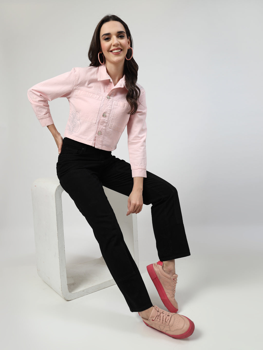 Blush Charm Light Pink Denim Jacket with Heatseal Detailing - Cosmic Trio