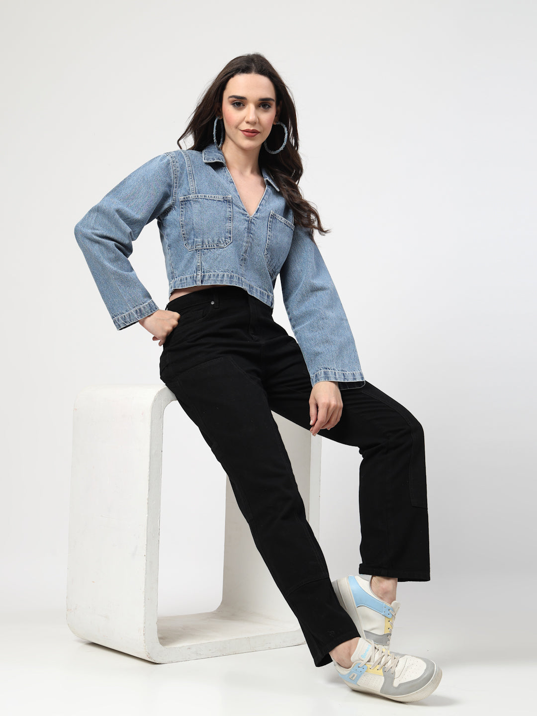 High Street V-Neck Crop Denim Jacket with Long Sleeves - Cosmic Trio