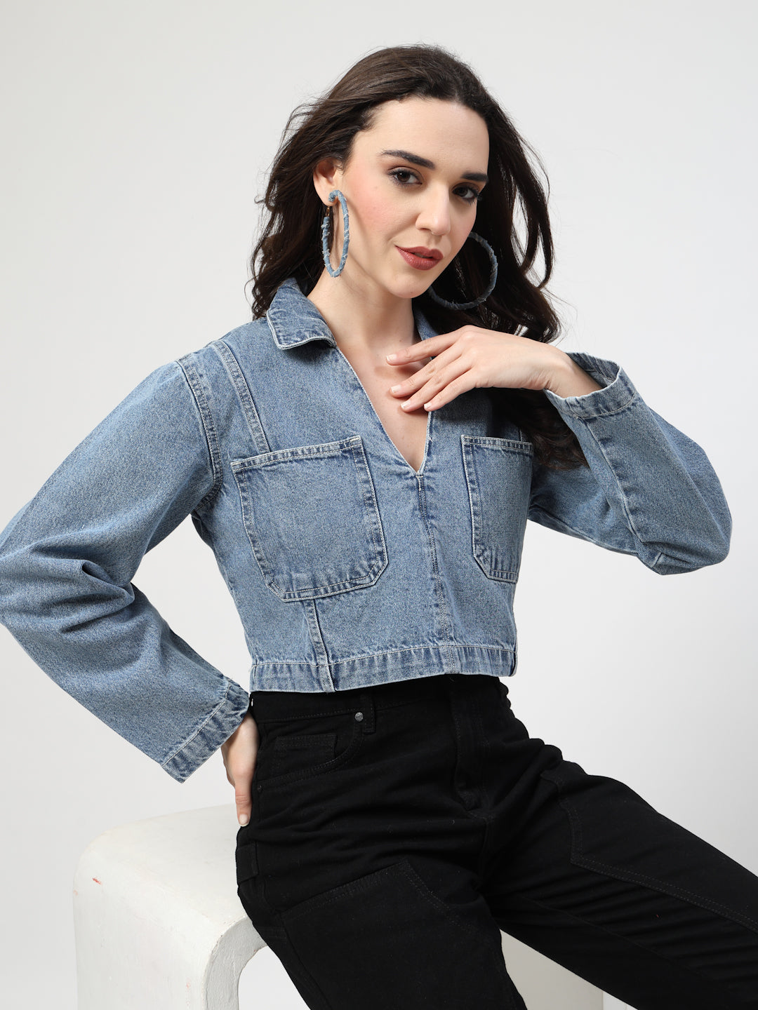 High Street V-Neck Crop Denim Jacket with Long Sleeves - Cosmic Trio