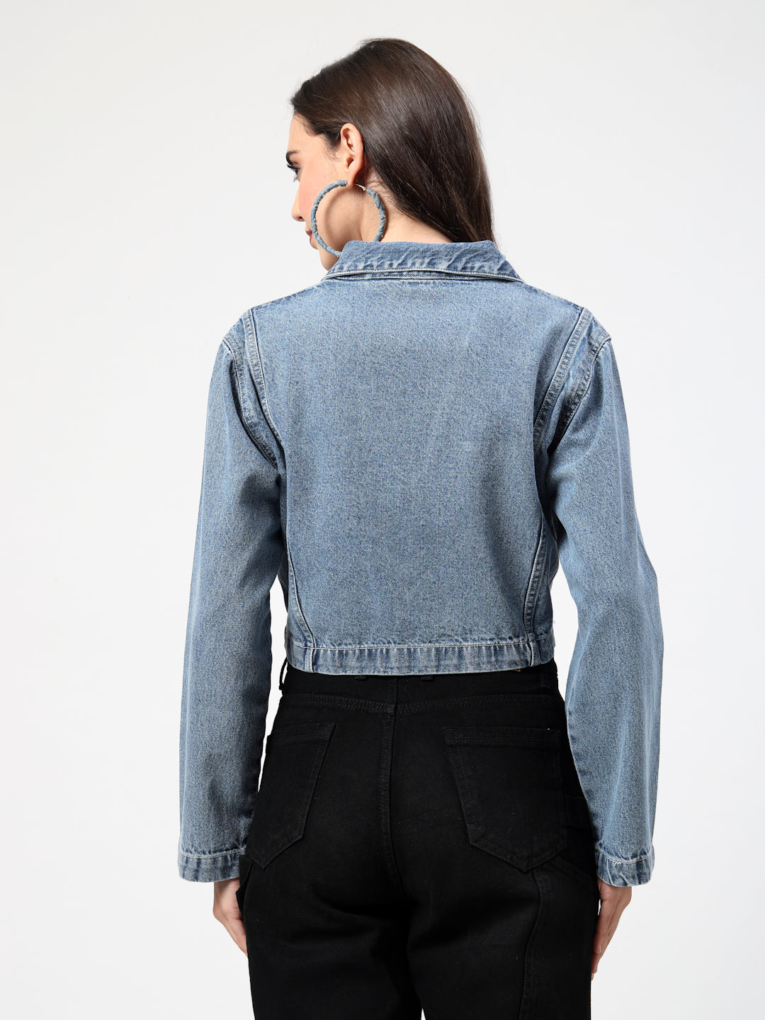 High Street V-Neck Crop Denim Jacket with Long Sleeves - Cosmic Trio