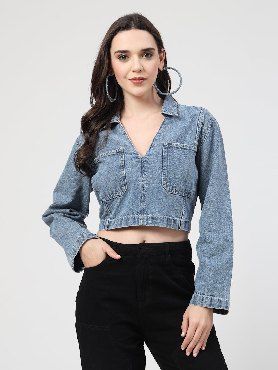 High Street V-Neck Crop Denim Jacket with Long Sleeves - Cosmic Trio