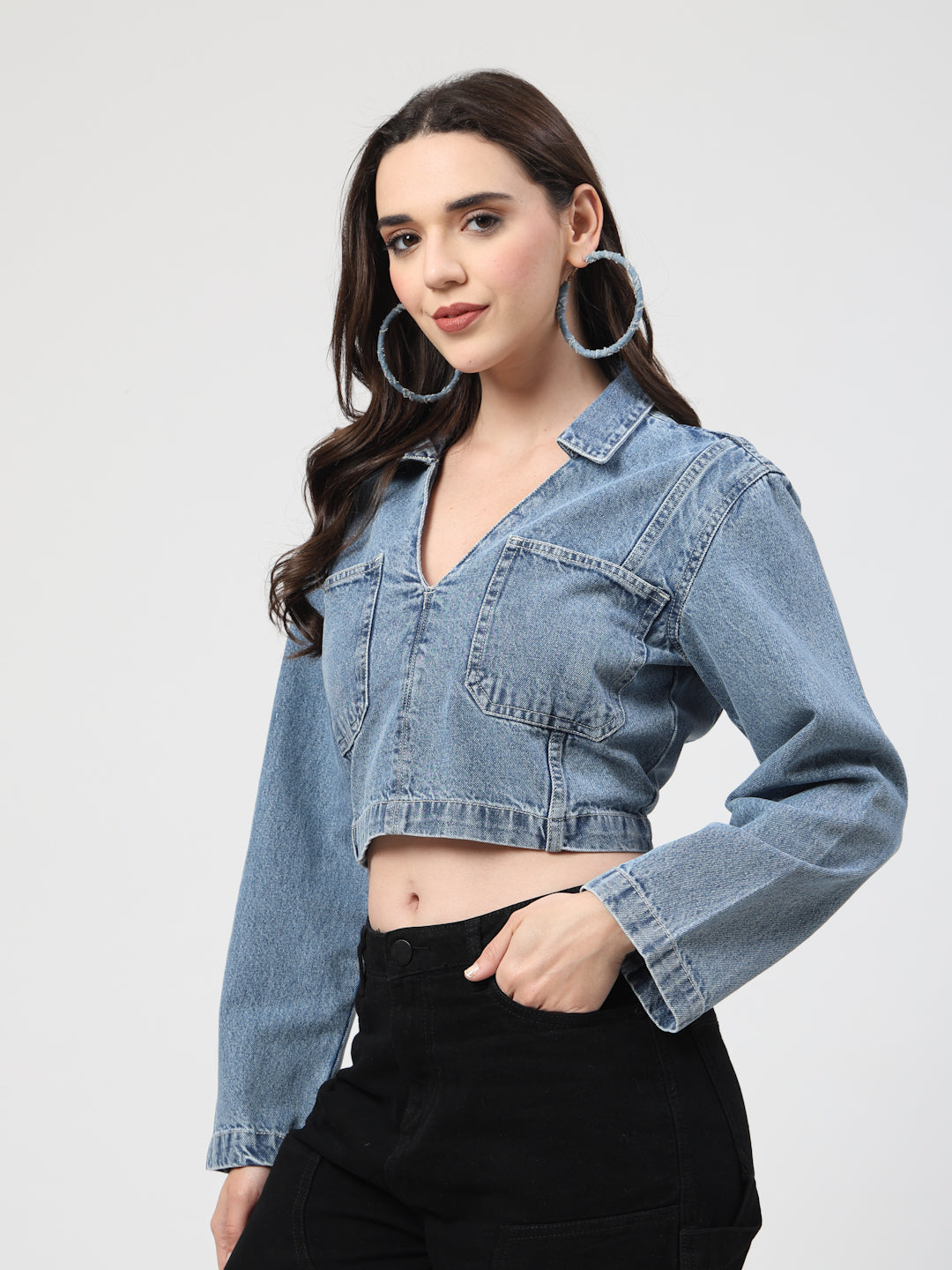High Street V-Neck Crop Denim Jacket with Long Sleeves - Cosmic Trio