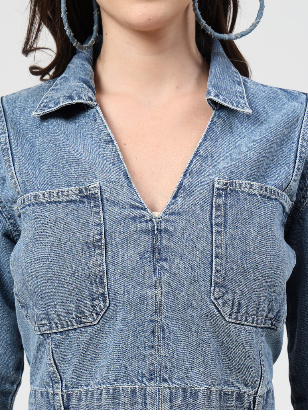 High Street V-Neck Crop Denim Jacket with Long Sleeves - Cosmic Trio