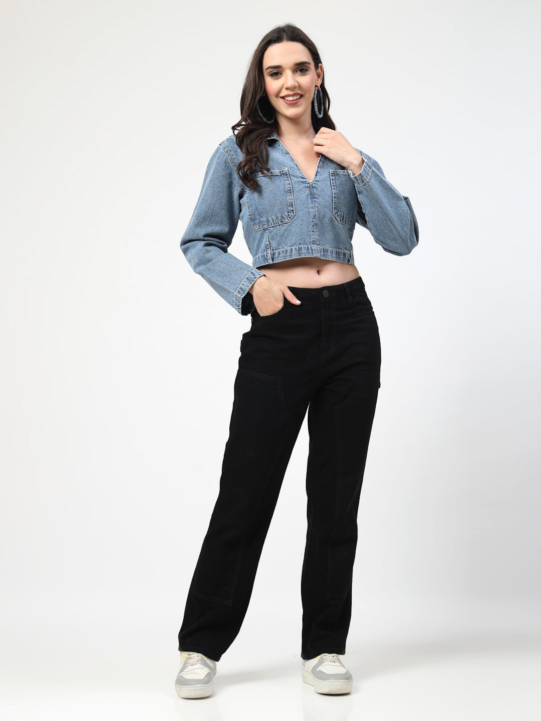 High Street V-Neck Crop Denim Jacket with Long Sleeves - Cosmic Trio