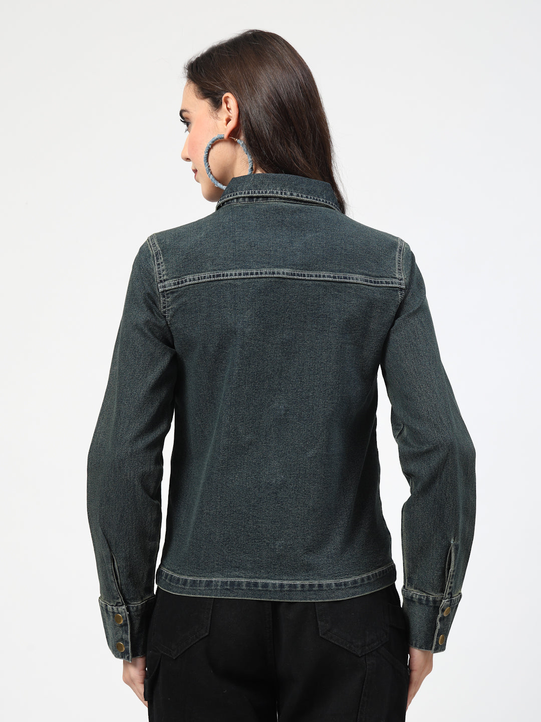 Green Tint Denim Jacket with Zipper Pocket – Stylish Collared Design & Long Sleeves - Cosmic Trio