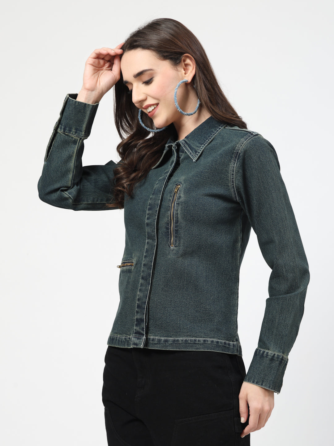 Green Tint Denim Jacket with Zipper Pocket – Stylish Collared Design & Long Sleeves - Cosmic Trio