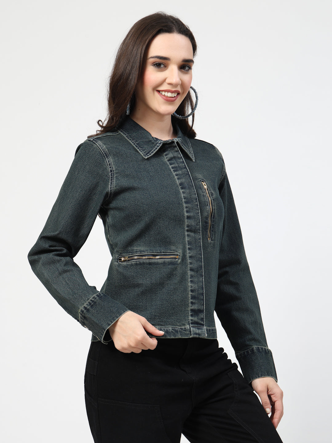 Green Tint Denim Jacket with Zipper Pocket – Stylish Collared Design & Long Sleeves - Cosmic Trio