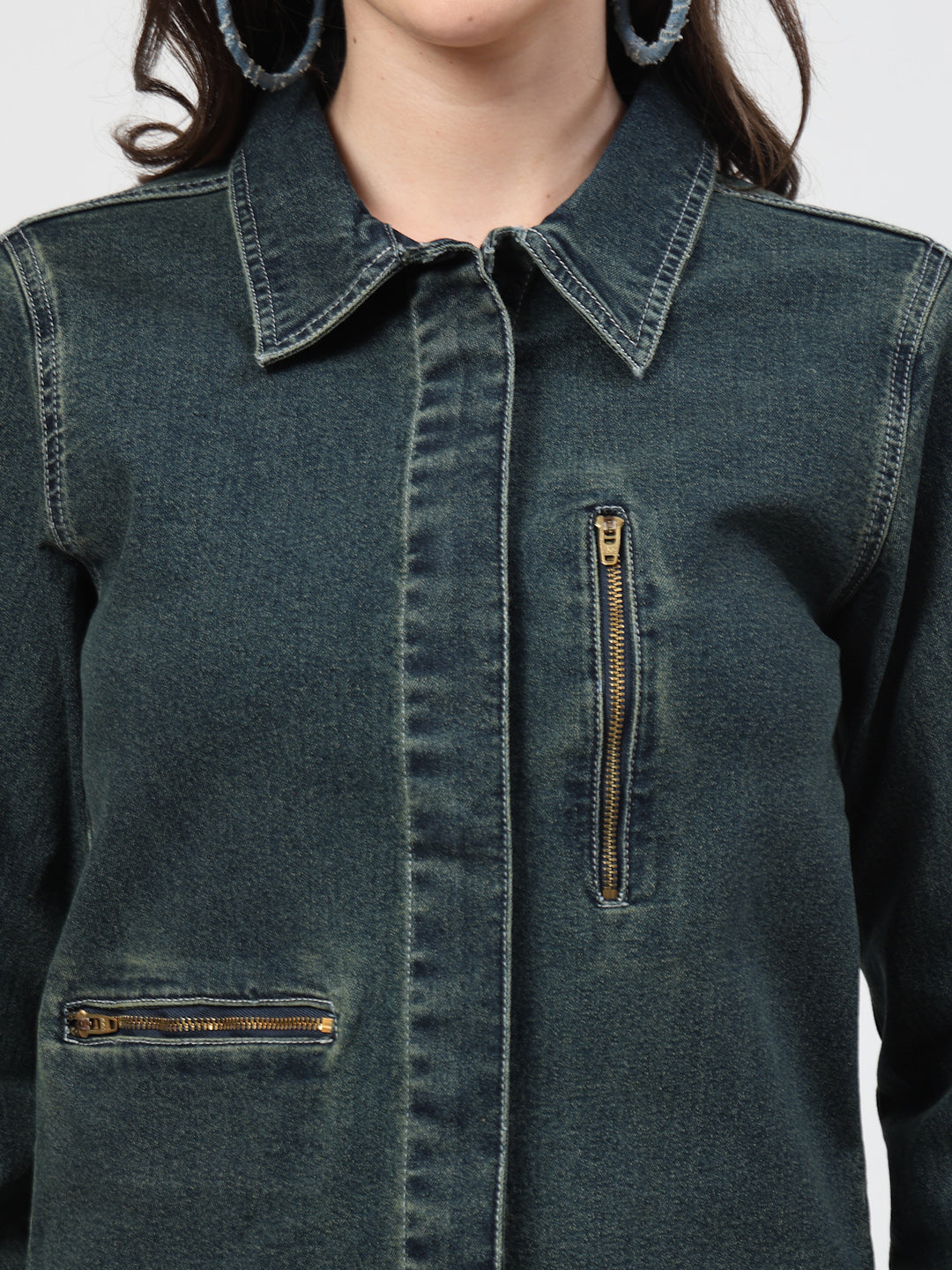 Green Tint Denim Jacket with Zipper Pocket – Stylish Collared Design & Long Sleeves - Cosmic Trio