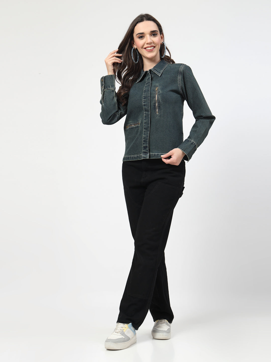 Green Tint Denim Jacket with Zipper Pocket – Stylish Collared Design & Long Sleeves - Cosmic Trio