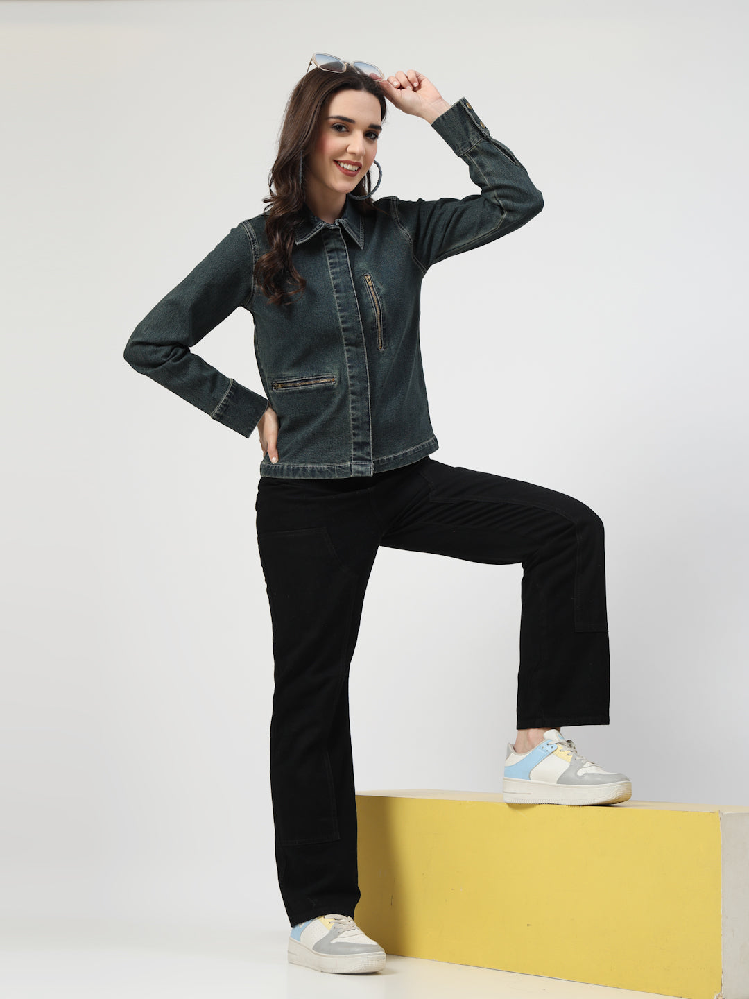 Green Tint Denim Jacket with Zipper Pocket – Stylish Collared Design & Long Sleeves - Cosmic Trio