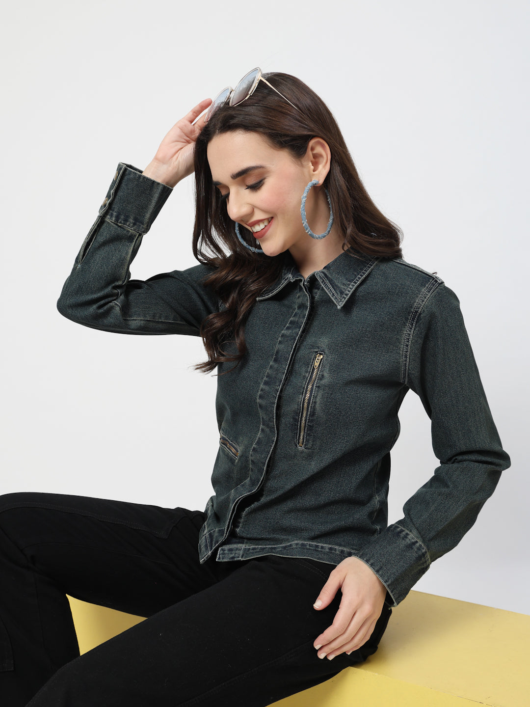 Green Tint Denim Jacket with Zipper Pocket – Stylish Collared Design & Long Sleeves - Cosmic Trio
