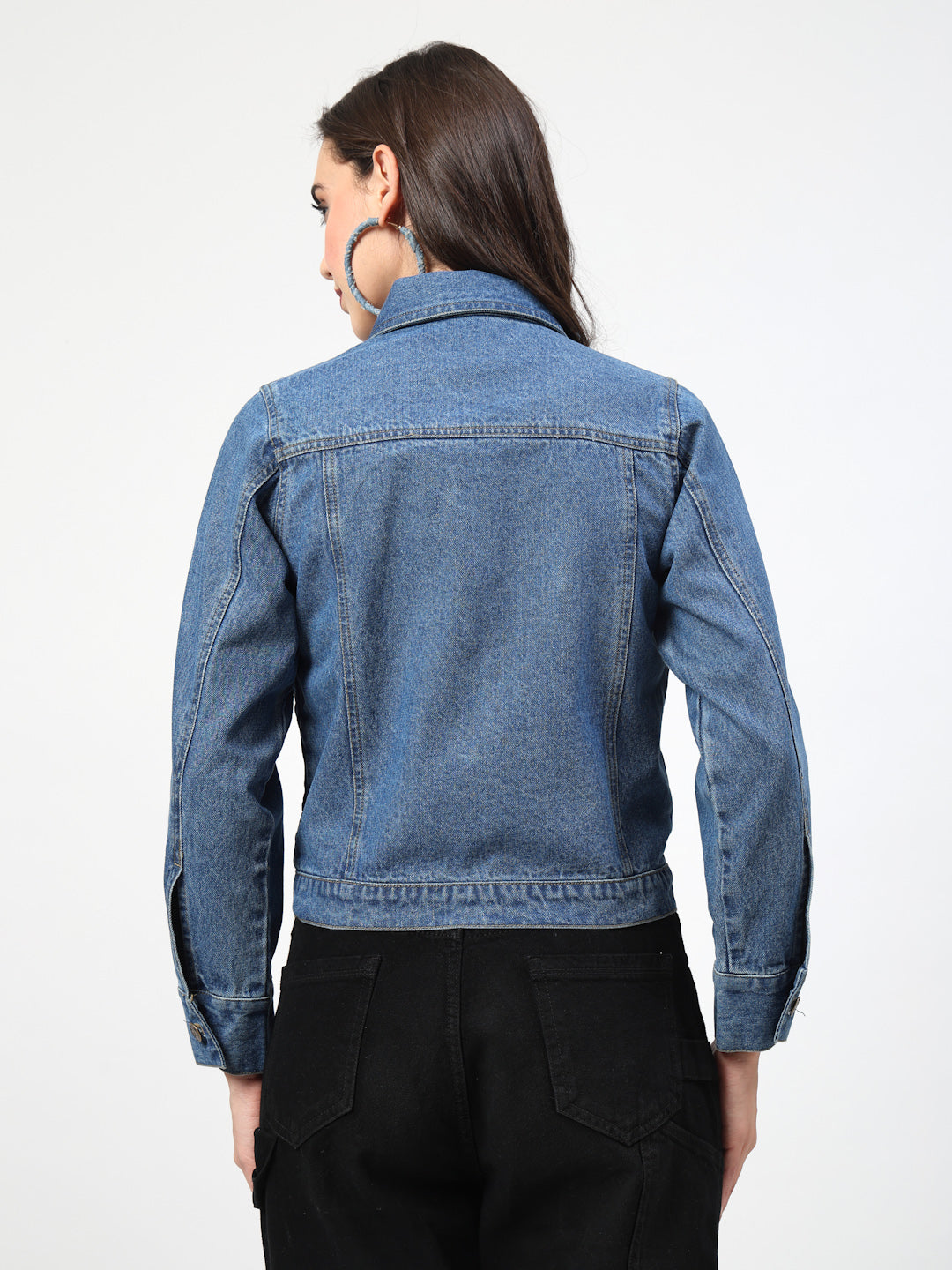 Solid Blue Cotton Denim Jacket with Welt Pockets - Cosmic Trio