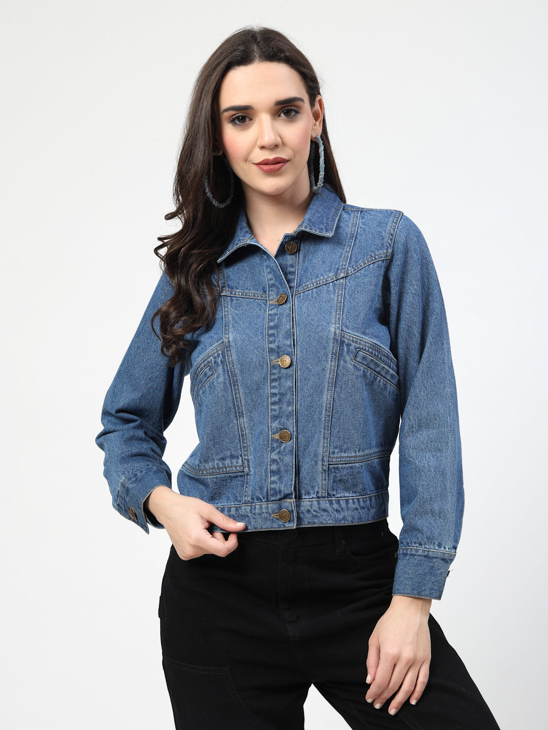 Solid Blue Cotton Denim Jacket with Welt Pockets - Cosmic Trio