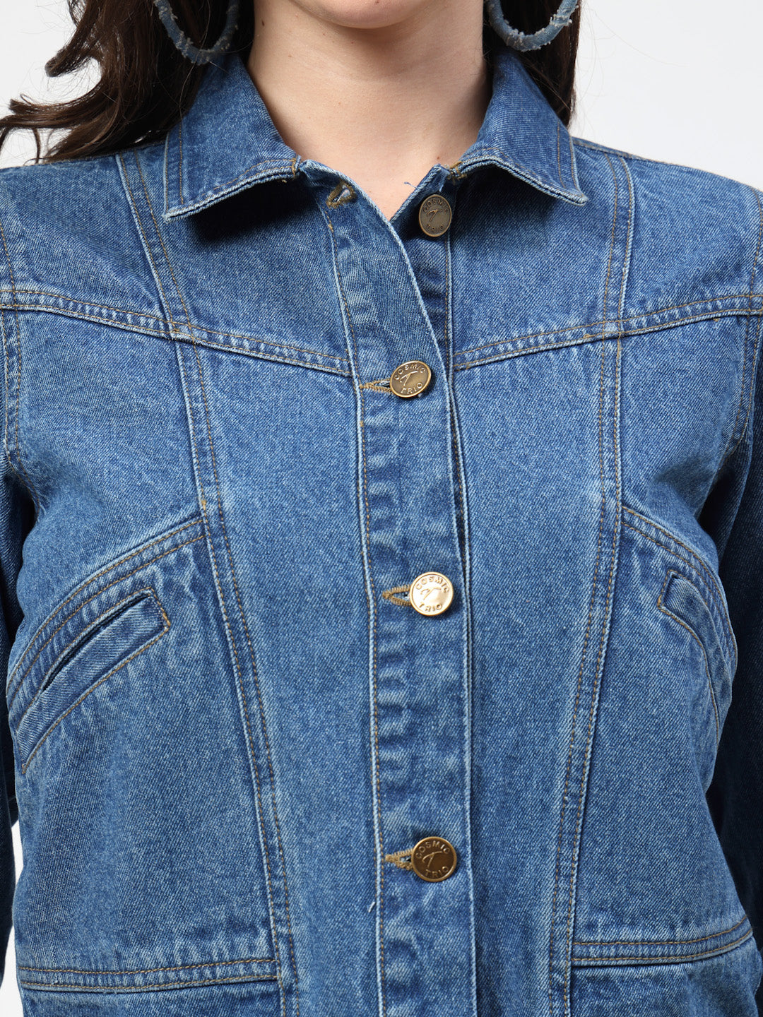 Solid Blue Cotton Denim Jacket with Welt Pockets - Cosmic Trio