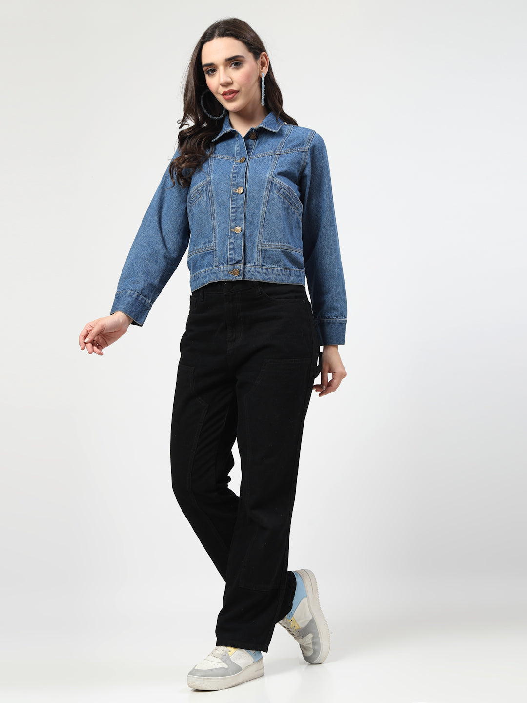 Solid Blue Cotton Denim Jacket with Welt Pockets - Cosmic Trio