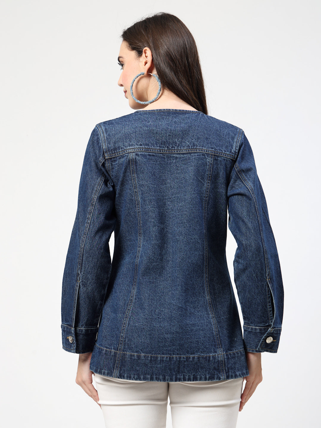 Dark Blue Denim V Shape Blazer Jacket with Yellow Contrast Stitching - Cosmic Trio