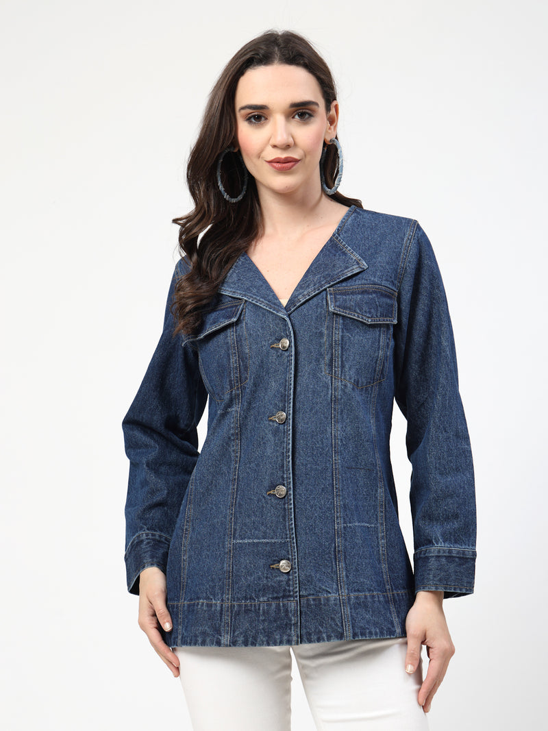 Dark Blue Denim V Shape Blazer Jacket with Yellow Contrast Stitching - Cosmic Trio