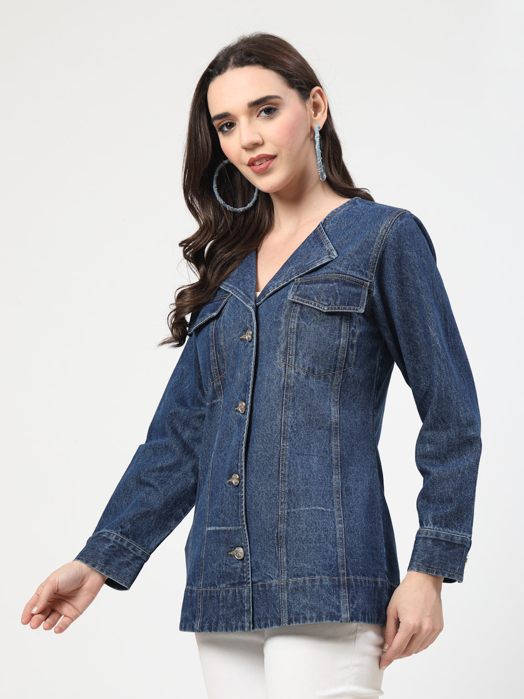 Dark Blue Denim V Shape Blazer Jacket with Yellow Contrast Stitching - Cosmic Trio