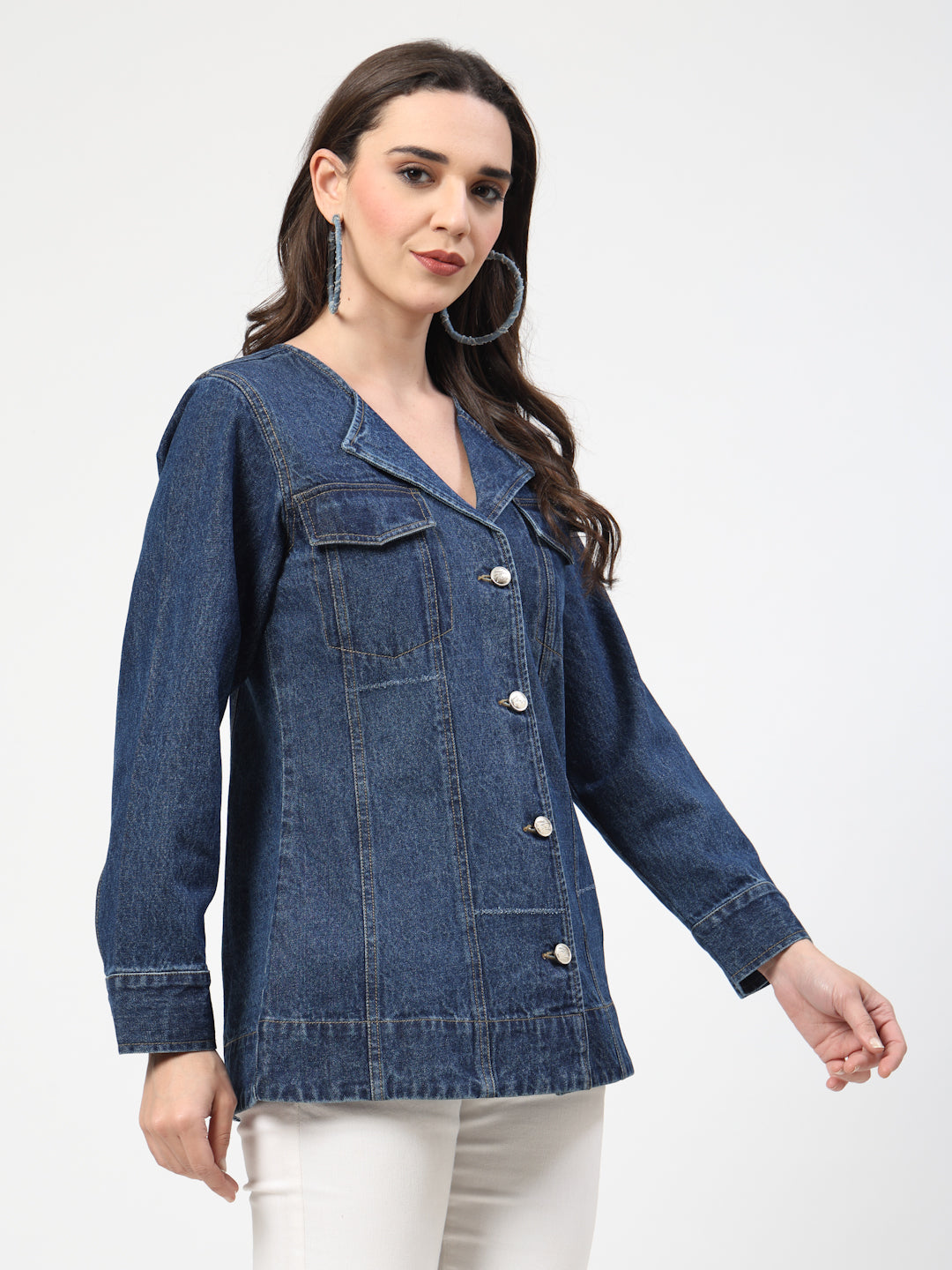 Dark Blue Denim V Shape Blazer Jacket with Yellow Contrast Stitching - Cosmic Trio