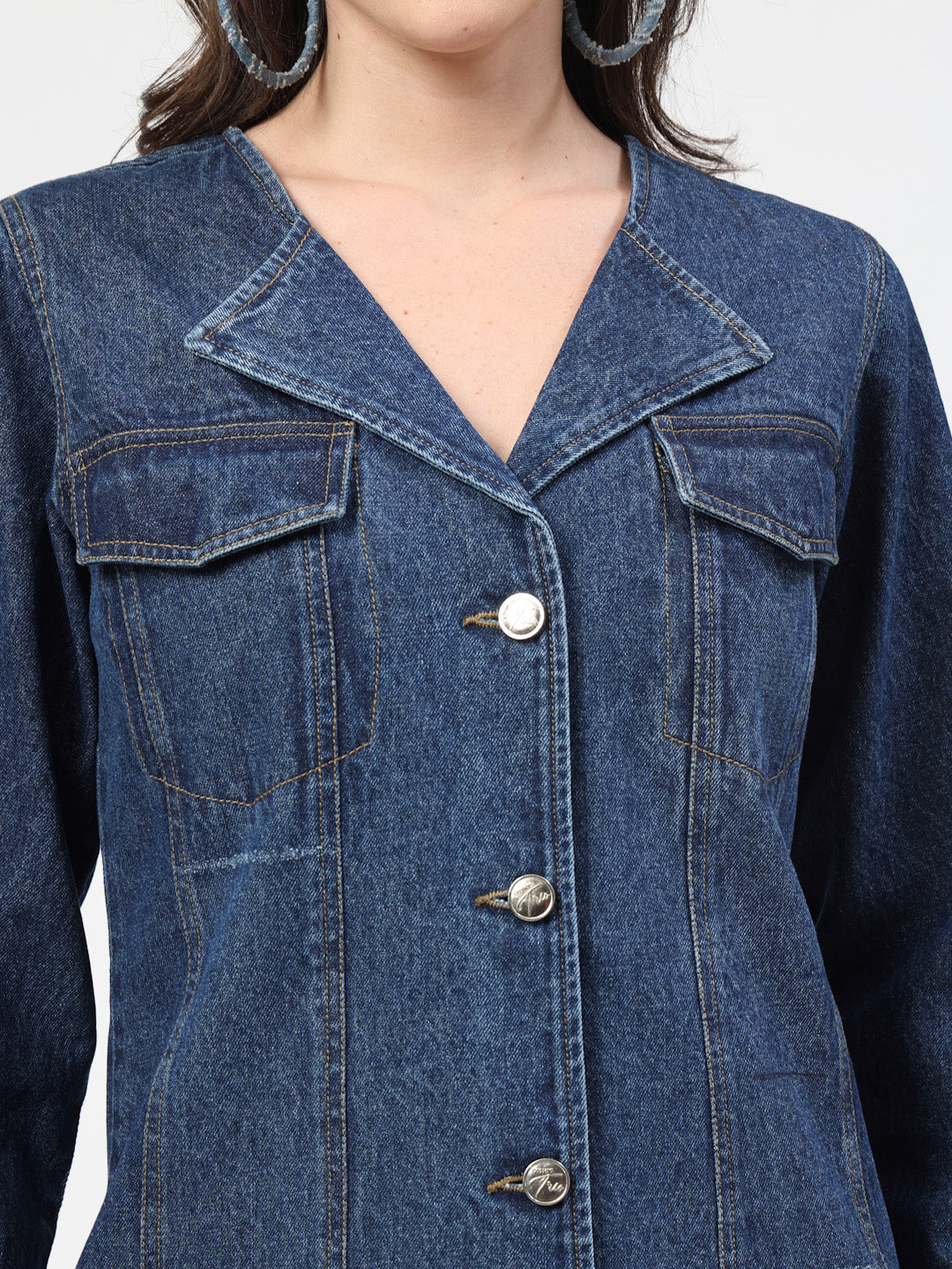 Dark Blue Denim V Shape Blazer Jacket with Yellow Contrast Stitching - Cosmic Trio