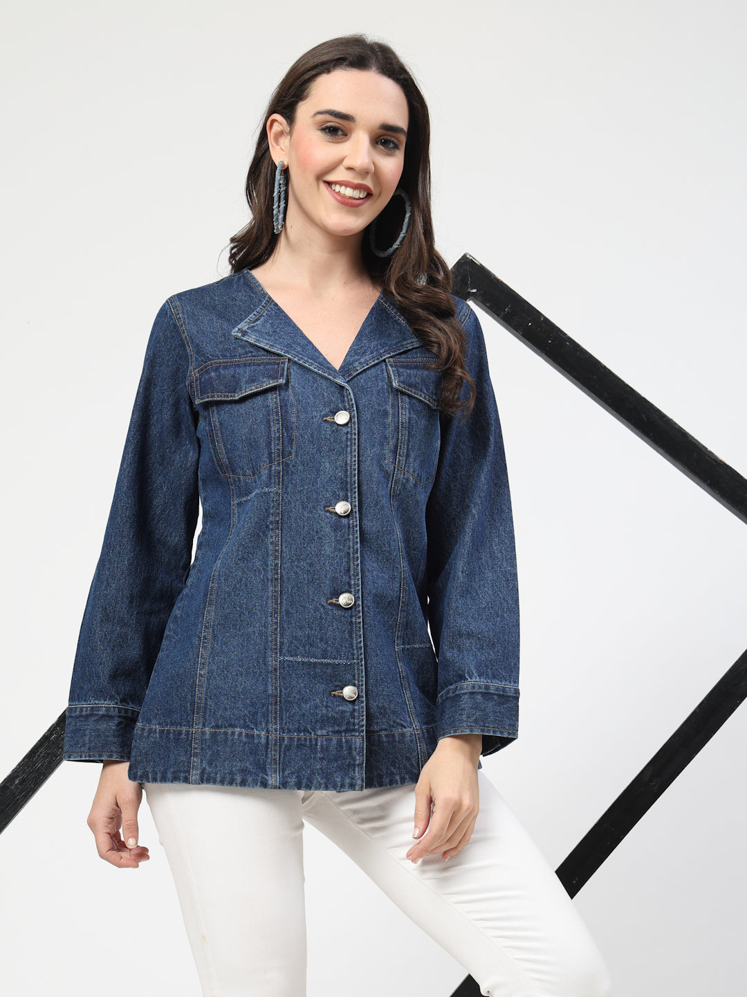 Dark Blue Denim V Shape Blazer Jacket with Yellow Contrast Stitching - Cosmic Trio