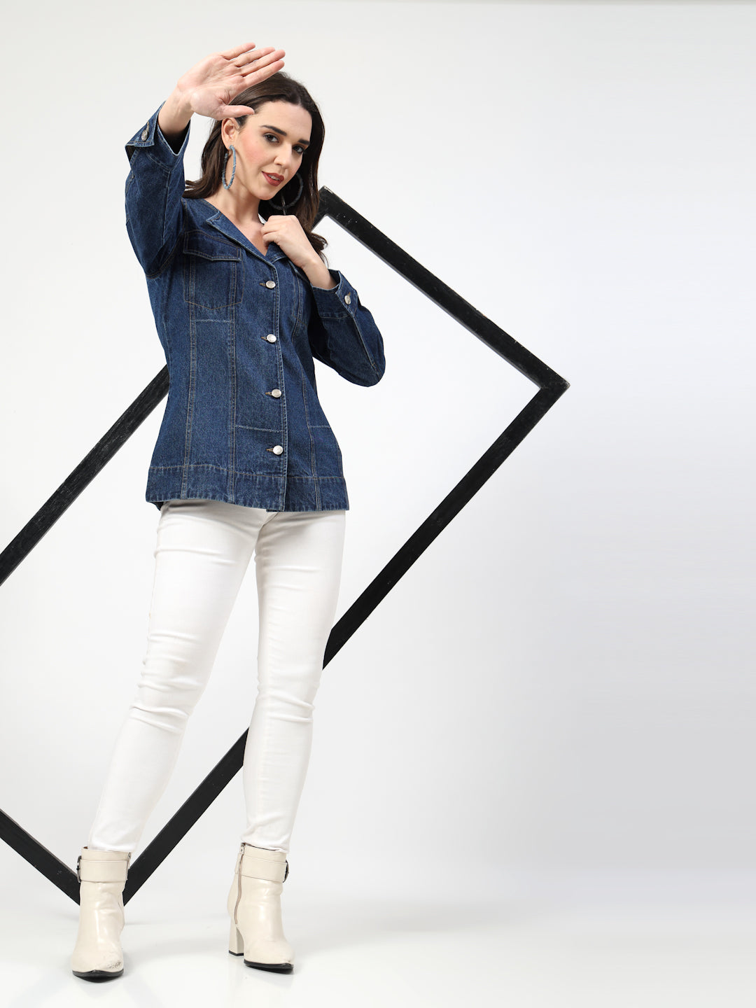 Dark Blue Denim V Shape Blazer Jacket with Yellow Contrast Stitching - Cosmic Trio