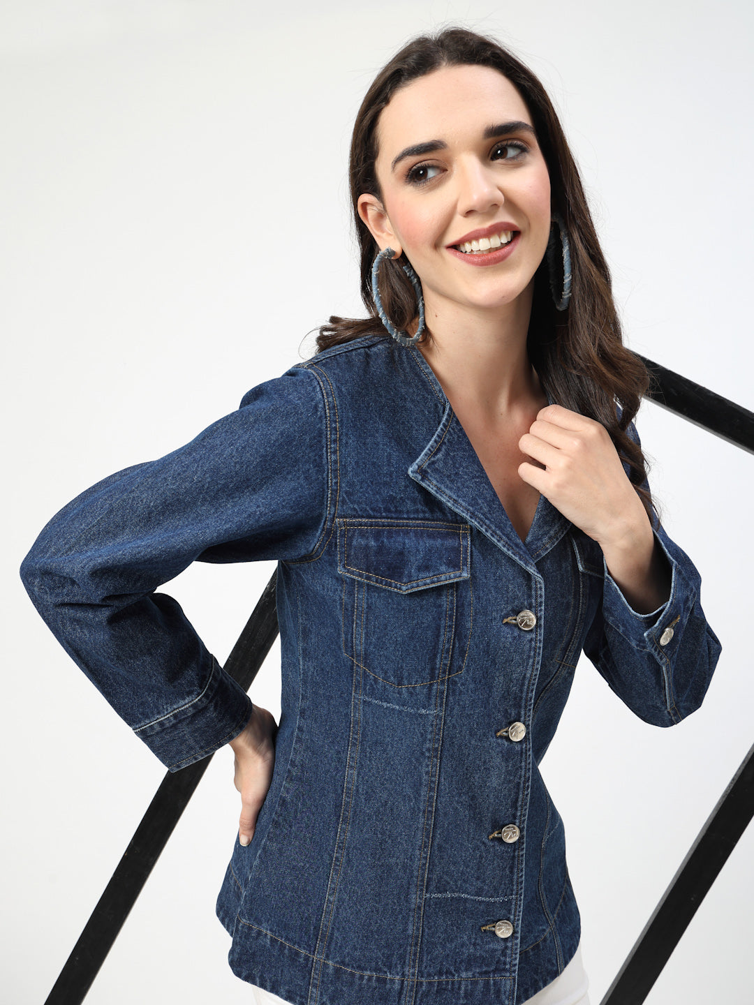 Dark Blue Denim V Shape Blazer Jacket with Yellow Contrast Stitching - Cosmic Trio