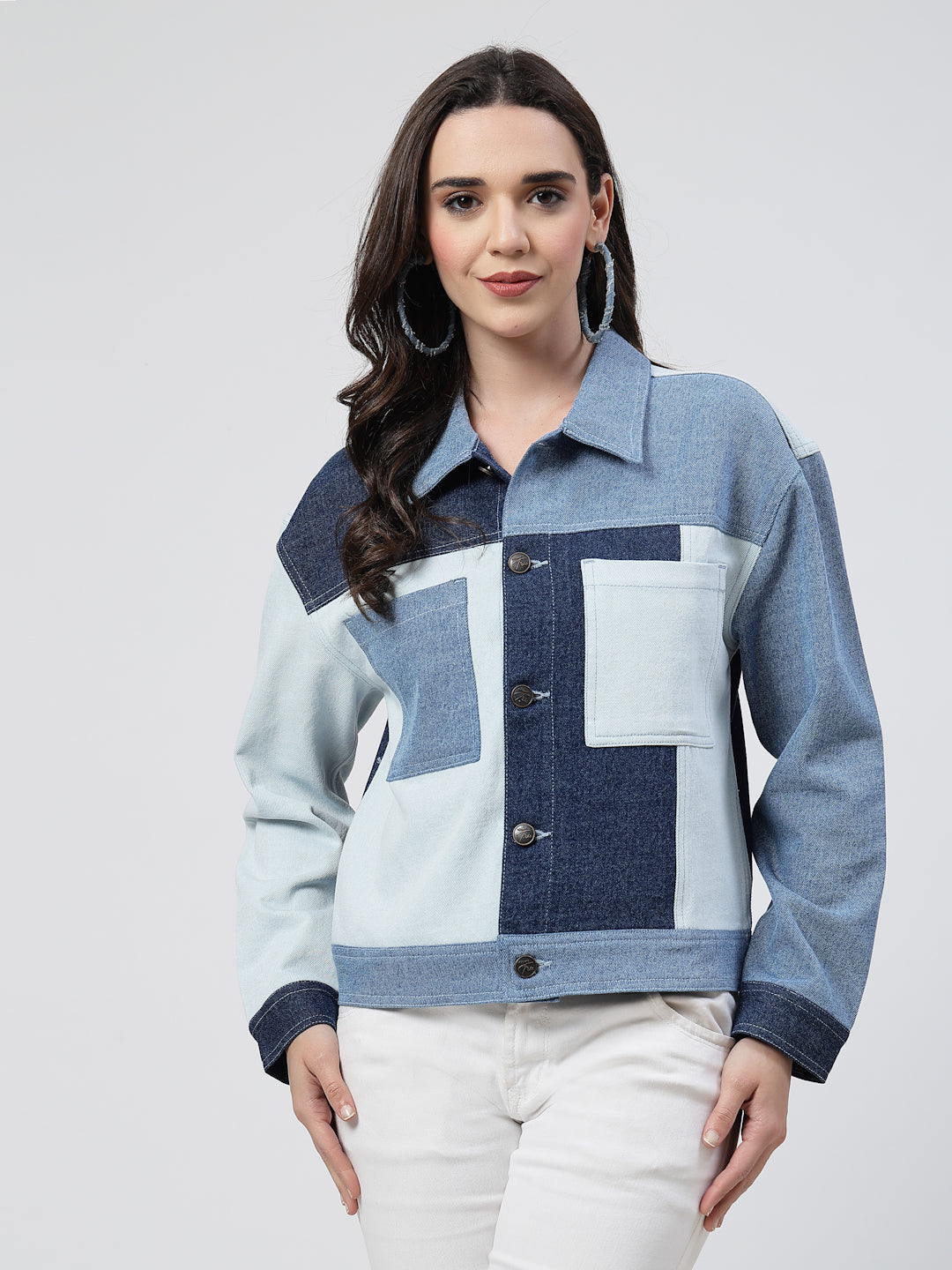 Stylish Denim Patched Jacket – Trendy & Chic - Cosmic Trio