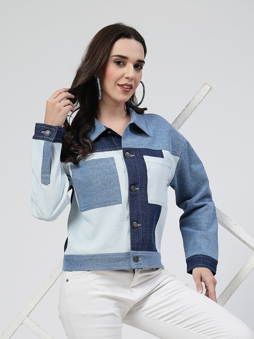 Stylish Denim Patched Jacket – Trendy & Chic - Cosmic Trio
