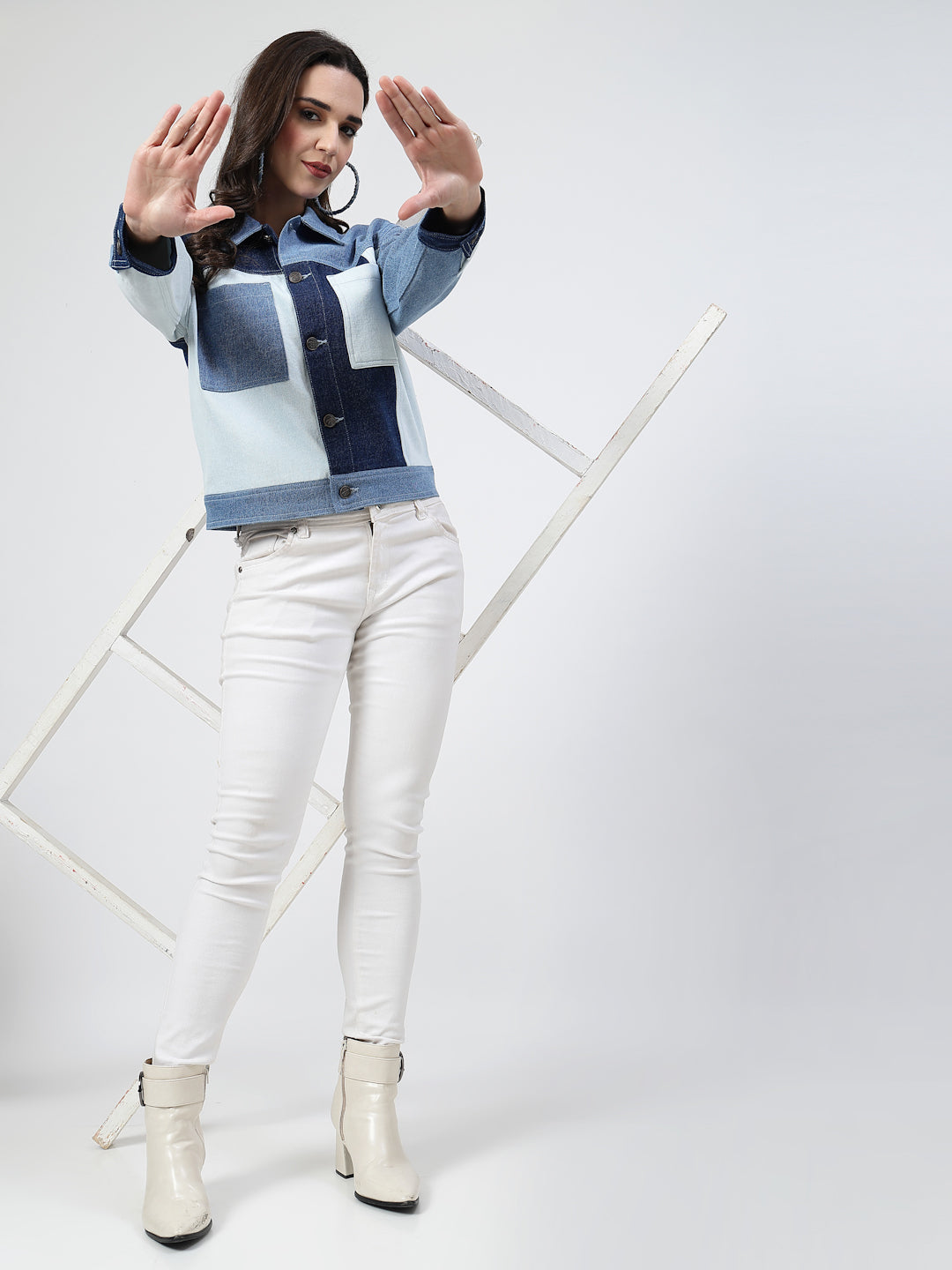 Stylish Denim Patched Jacket – Trendy & Chic - Cosmic Trio