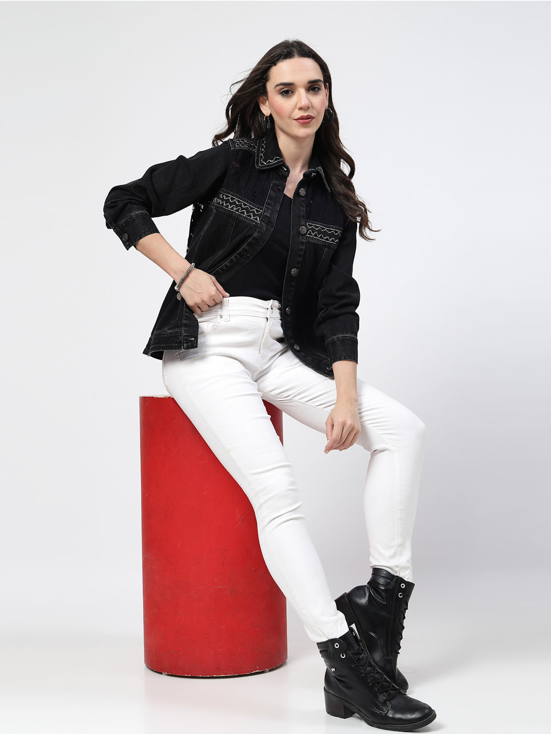 Black Denim Jacket with Embroidered Patch Details - Cosmic Trio