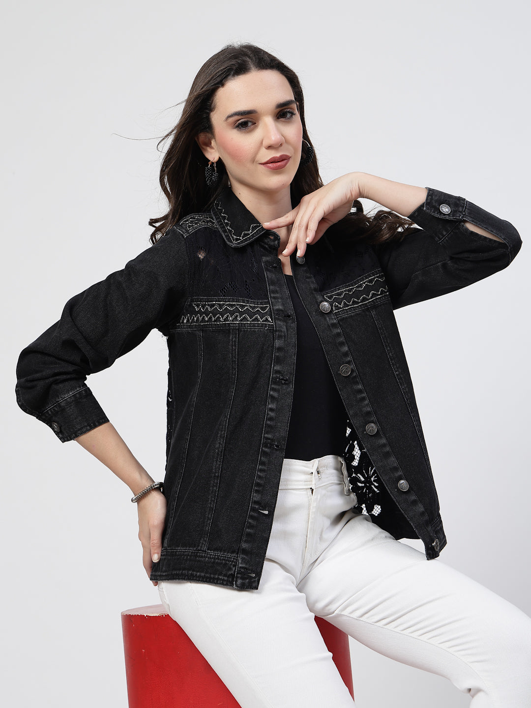 Black Denim Jacket with Embroidered Patch Details - Cosmic Trio