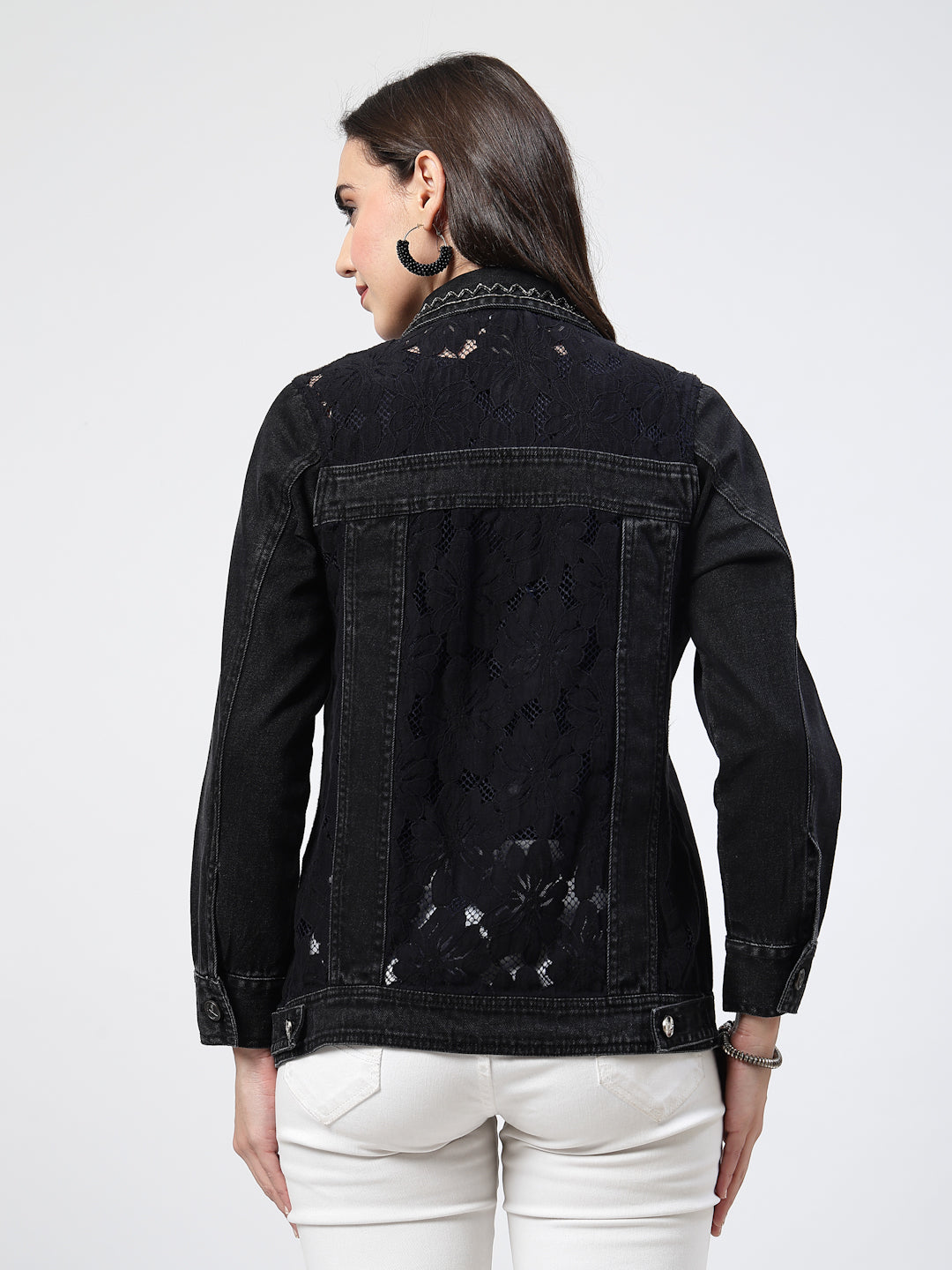 Black Denim Jacket with Embroidered Patch Details - Cosmic Trio