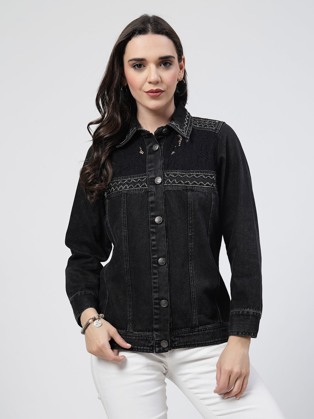 Black Denim Jacket with Embroidered Patch Details - Cosmic Trio