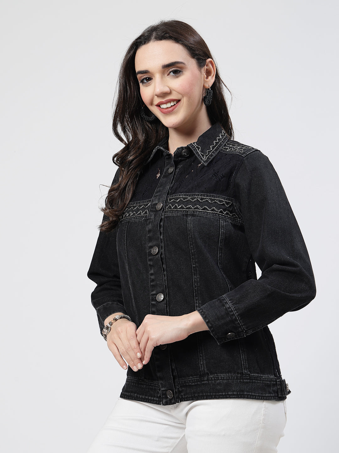 Black Denim Jacket with Embroidered Patch Details - Cosmic Trio