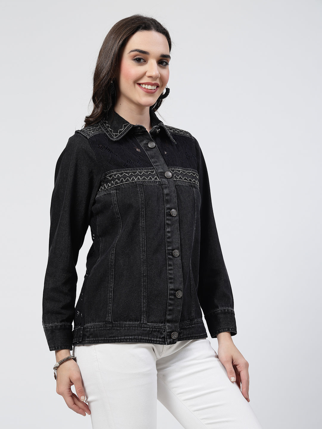 Black Denim Jacket with Embroidered Patch Details - Cosmic Trio