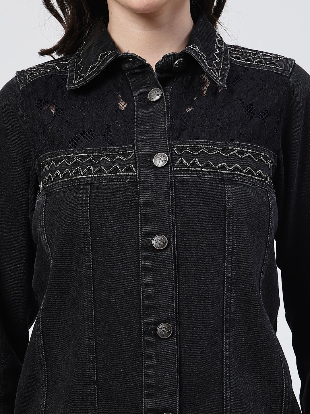 Black Denim Jacket with Embroidered Patch Details - Cosmic Trio